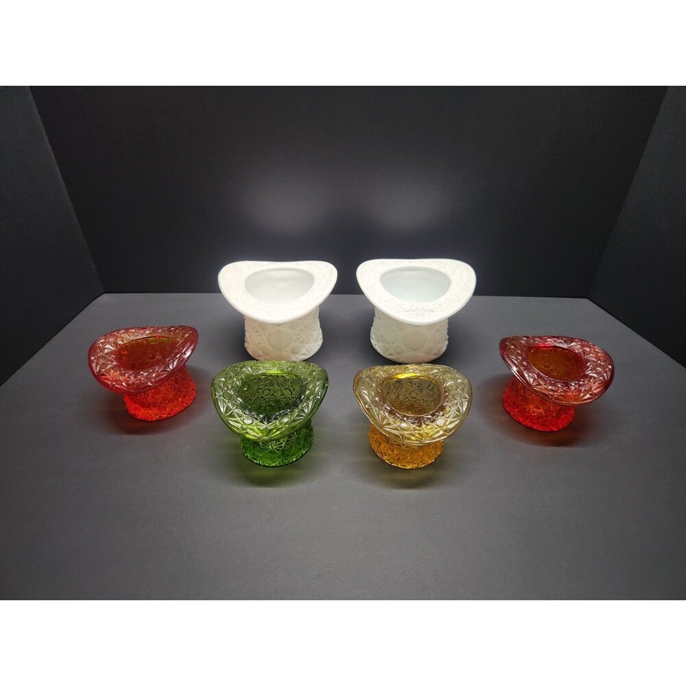 Fenton Daisy Button Top Hat Lot Of 6 Amberina x2 White x2 Yellow And Green